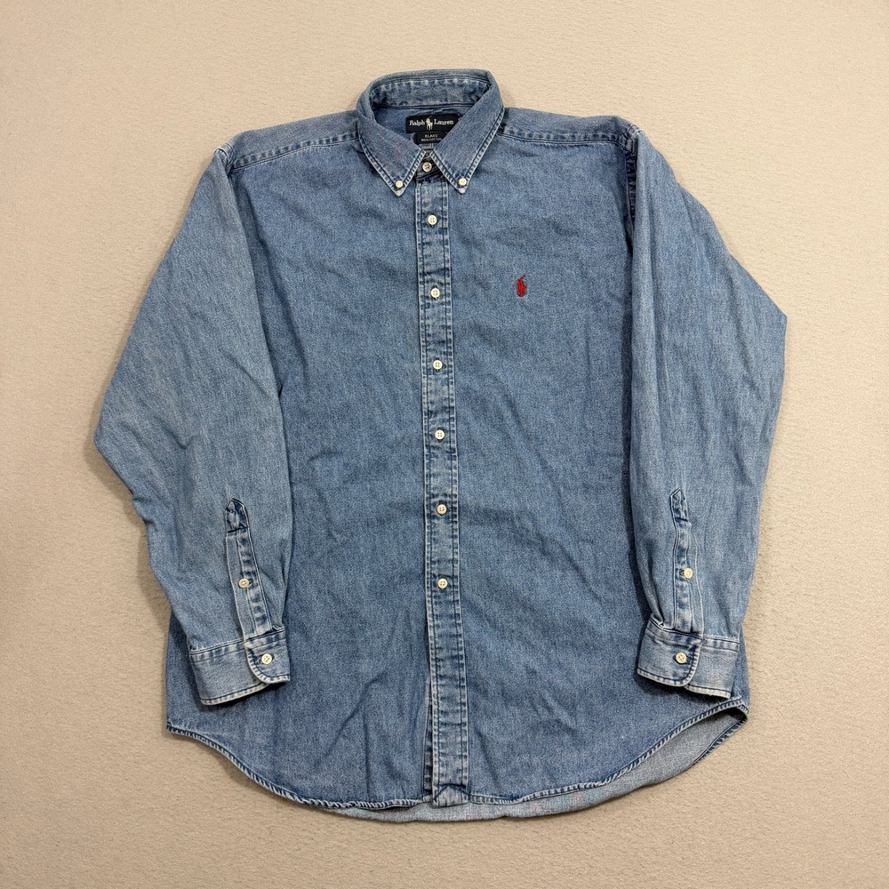 Vintage Polo Ralph Lauren Denim Button Shirt Large Blue Blake Long Sleeve Cotton